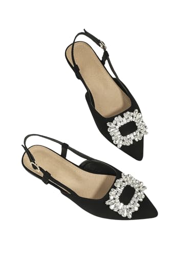 OYOANGLE Women's Rhinestone Decor Pointed Toe Slingback Flats Faux Suede Dress Sandals