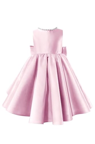 Satin Flower Girl Dresses for Wedding Pearls Bowknot Kids Sleeveless V-Back Princess Pageant Prom Short Ball Gowns2