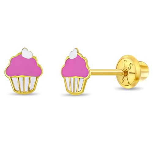 14k Yellow Gold Pink & White Enamel Cupcake Screw Backs for Young Girls-Preteens, Cute Stud Earrings for Young Girls- Small Cupcake Studs for Children, Lovely Little Cupcakes for Girls, Food Stud