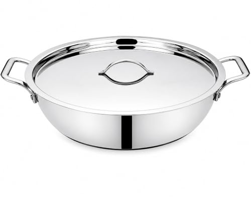 Image of Bhalaria Triply Stainless Steel Kadhai with Lid & Handle 30cm 4.5 Litre | Induction Base Heavy Gauge 3 Layer Body | Large Deep Fry Pan Wok for Sabzi & Curry | Gas Compatible | Dishwasher Safe