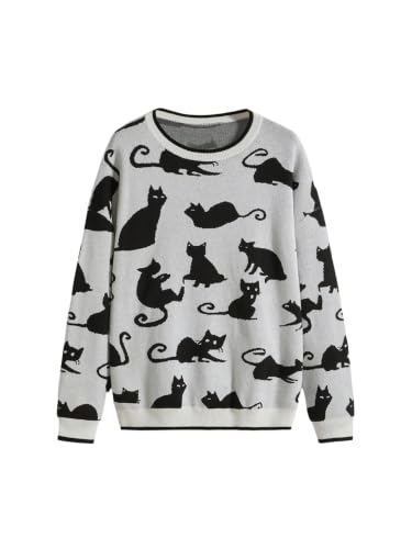 Image of WDIRARA Women's Goth Cartoon Pattern Sweater Knit Pullover Top | Long Sleeve, Crewneck