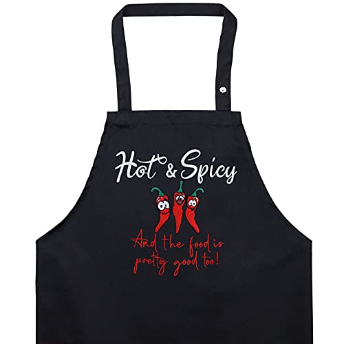 EXPRESS-STICKEREI Delantal cocina hombres con humor: HOT&SPICY and the food is good too Ajustable, con bolsillo, regalo de cumpleaños para el maestro parrillero