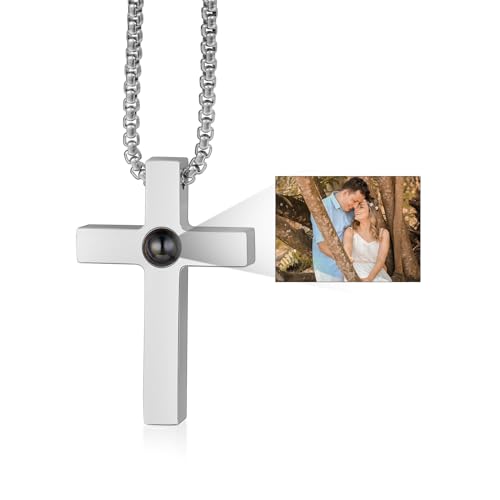 Personalized Picture Cross Necklace for Men Custom Photo Necklace with Picture Inside Mens Projection Necklace Cross Necklace for Dad Husband Gift for Birthday Christmas