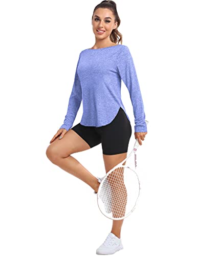 Yoetaun Women's Workout Shirts Long Sleeve Boat Neck Gym Athletic Sports Tee Shirt Quick Dry Top Loose Fit Blue L #TOP7