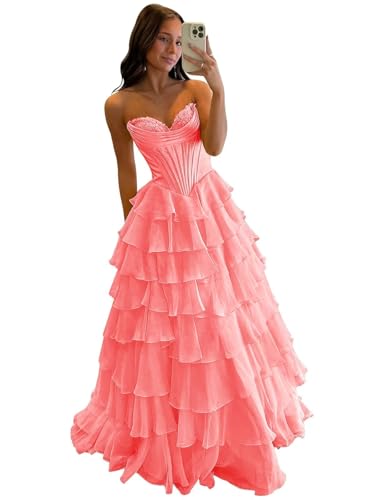 Mollyevers Strapless Corset Prom Dresses for Women Long Tiered Ruffle Chiffon Formal Evening Gowns with Slit