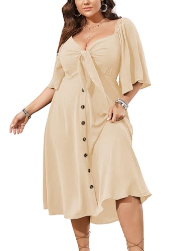 Image of SCOMCHIC Plus Size Summer Dress Casual Short Sleeve Bow Tie Deep V Neck Smocked Button Down Midi Flowy A-line Boho Dresses