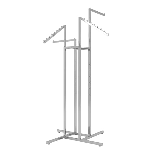 Clothing Rack – Heavy Duty Chrome 4 Way Rack, Adjustable Arms, Square Tubing, Perfect for Clothing Store Display With 2 Straight Arms and 2 Slanted Arms, Takes Up Only 32 Inches of Floor Space