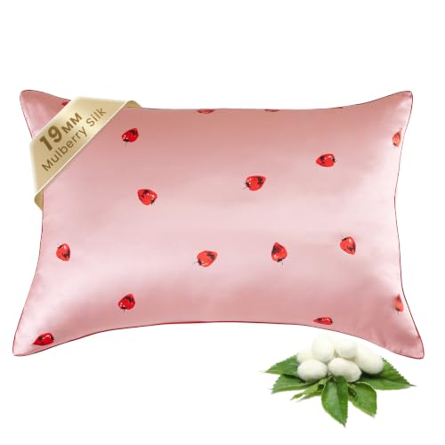 Image of THXSILK Natural Mulberry Silk Pillowcase Hypoallergenic Zipper Pillow Case - Grade 6A+ Mulberry Real Silk Pillowcase Organic Silk Pillow Cover, 1PC (Pink Strawberry, Queen Size 20 inchx30 inch)