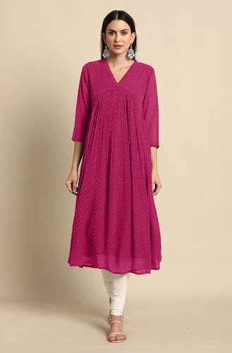 Image of Janasya Women's Dobby Chiffon Self Design Flared Kurta