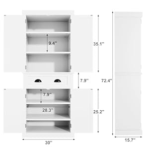 Flamaker 72" Kitchen Pantry Cabinet, Tall Pantry Storage Cabinet with Drawer and 4 Adjustable Shelves, Freestanding Pantry Cupboard Cabinet for Kitchen, Dining Room and Living Room (White) Flamaker 72 Kitchen Pantry Cabinet Tall Pantry Storage Cabinet with Drawer and 4 Adjustable Shelves Freestanding Pantry Cupboard Cabinet for Kitchen Dining Room and Living Room White