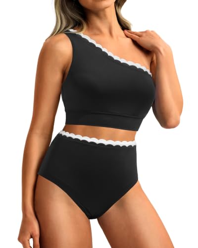 Image of Holipick Women One Shoulder High Waisted Bikini Sets Two Piece Swimsuit Tummy Control Bathing Suit Full Coverage Swimwear