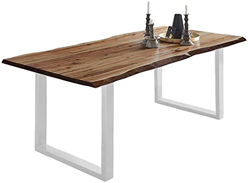SAM Baumkantentisch 160x85 cm Mephisto, Akazienholz massiv + nussbaumfarben lackiert, Esstisch mit weiß lackiertem U-Gestell, Esszimmertisch/Holztisch, Tischplatte 26 mm