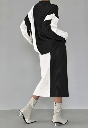 GOLDSTITCH Women's Two Piece Sweater Outfits Mock Neck Pullover Sweater High Waist Skirt Set Color Block Ribbed Set2