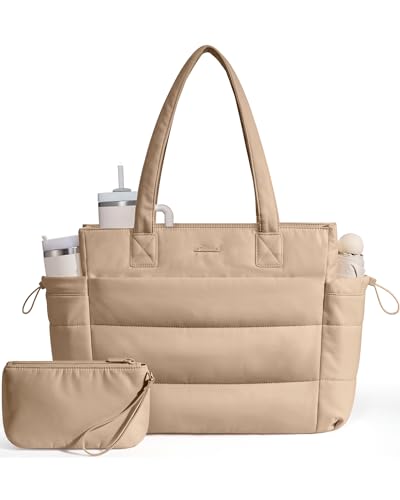 LOVEVOOK Tote Bag for Women with Giant Tumbler Holder Pocket, Puffer Work Travel Laptop Handbag with Zipper for Nurse Teacher
