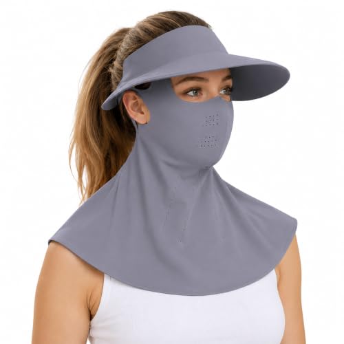 Image of Full Coverage Sun Hat with Face Mask and Neck Flap UPF 50+ UV Protection Cooling Ice Silk Visor Hat for Women Men Outdoor Activities Adjustable Grey