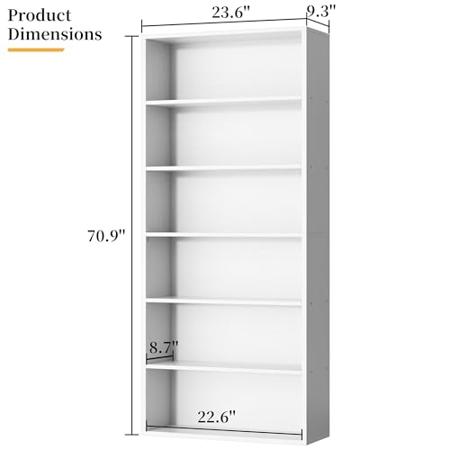Image of Shintenchi Bookshelf,6-Tier Open Bookcase and Bookshelves,6 Shelf Display Storage Shelves Floor Standing 70.6 inches Tall Bookcase for Home Office, Living Room (White)
