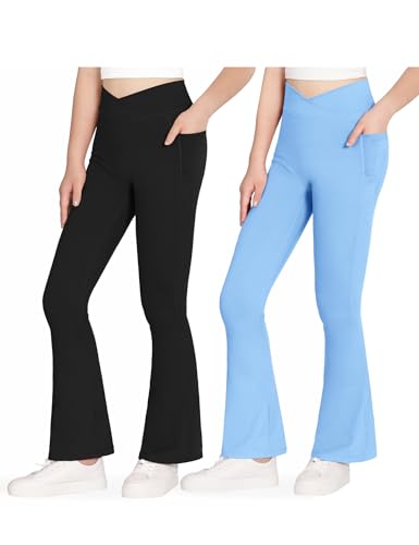 JOCMIC 2 Pacs Girls Flare Leggings Black and Blue 9-10Years