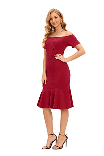 Women's 2025 Work Dresses Button Off Shoulder Formal Dresses Casual Wedding Guest Dress Party Cocktail Dress - Image 7