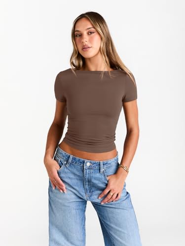 Image of Trendy Queen Womens Boat Neck Tops Short Sleeve Shirts | Compression Basic Tops,Y2K Aesthetic Slim Fit,Professional Business Casual, Polished Teacher Outfits