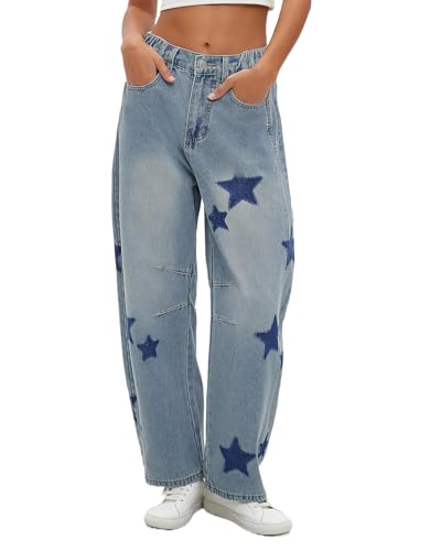 Star Barrel Jeans Women Elastic Mid Rise Wide Leg Jeans Loose Baggy Printed Boyfriend Denim Pants2