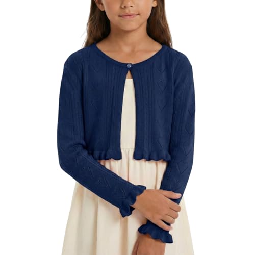Image of Girls Cotton Knit Shrug Cardigan with Long Sleeve Ruffle Hem