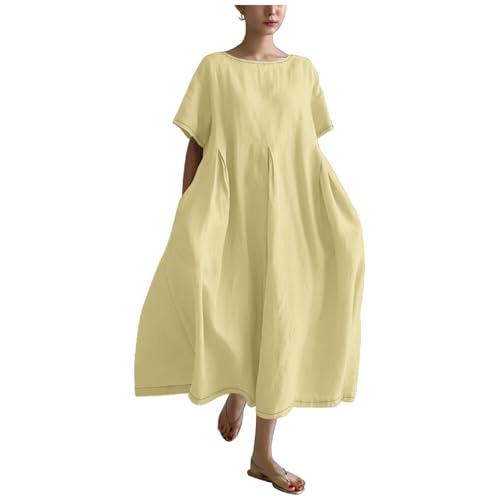 Womens Maxi Dresses 2024 Linen Yellow Japanese Art Trendy Loose