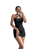 SheIn Women's Criss Cross Ruched Bodycon Mini Dress Cut Out Sleeveless Halter Short Pencil Dresses Black Medium