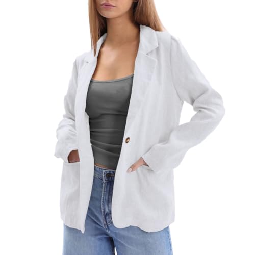 Amazhiyu Womens 100% Linen Notched Button Blazer Jackets Long Sleeve Coat Office White, X-Large