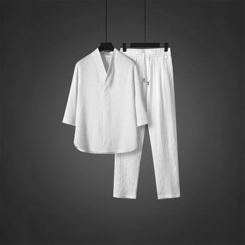 Chinese Style Pullover Shirts Loose Fit Thin Silk Men's T-Shirt Casual Short Sleeve Suit Two Pieces Set2