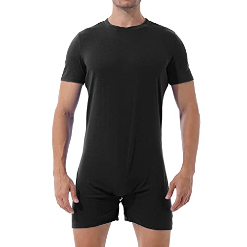 Men's Short Sleeve Undershirt One Piece Button Crotch Bodysuit Undershirts Leotard Pajamas