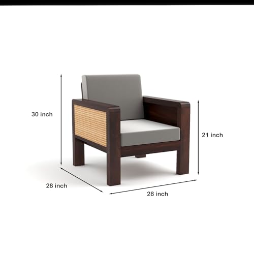 Image of Sheesham Wooden 1 Seater Sofa for Living Room | Solid Wood Sofa with Cane Side Panel | Rosewood Sofa Set for Home & Office | Lounge (Walnut Finish, 1 Seater)