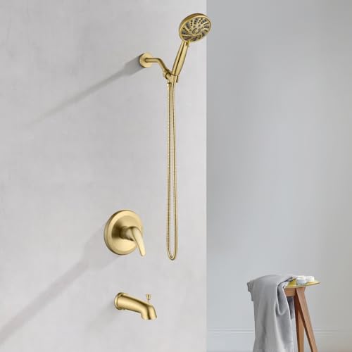 Image of gotonovo Bathroom Shower Head Kit High Pressure Combo System Shower Faucet 6 Modes ABS Handheld Spray Shower Trim Kit Valve Included Shower Head and Handle Set Brushed Gold