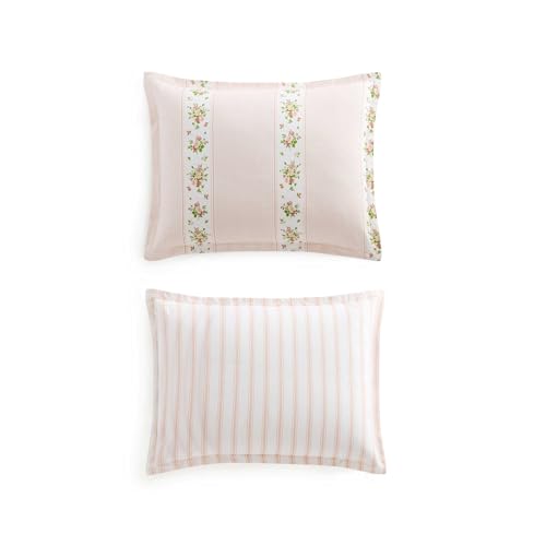 Image of Martha Stewart - King Comforter Set, 100% Cotton Reversible Bedding with Matching Pillowcases, Lightweight Bed Set, Floral Stripe Cottage Decor (Annabelle Pink)