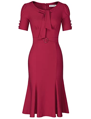 Image of MUXXN Women's Vintage 1950s Midi Crew Neck Short Sleeve Party Cocktail Work Casual Bodycon Dress