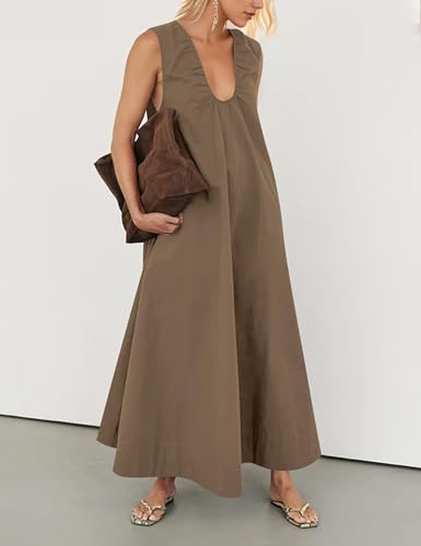 Image of OLAPTA Women Summer Sleeveless Maxi Dress Scoop Neck Ruched Loose Fit Casual Elegant Solid Vacation Long Dress with Pockets