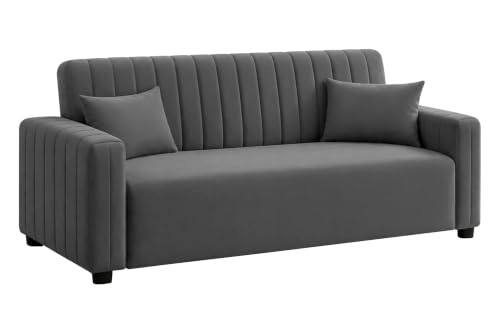Image of Modern 3 Seater Sofa | Vertical Channel Tufted Backrest & Armrests | Plush Cushioned Seating | Contemporary Upholstered Couch for Living Room, Bedroom & Office - Grey Color