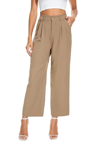 FUNYYZO Women Loose Pleated Front Cropped Pants Wide Leg Straight Trousers with Fake Pocket in The Waist (Medium, Khaki)