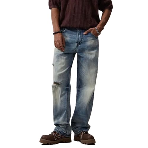 Men Spring Vintage Straight Loose Wide Leg Distressed Denim Pants Ripped Motocycle Jeans