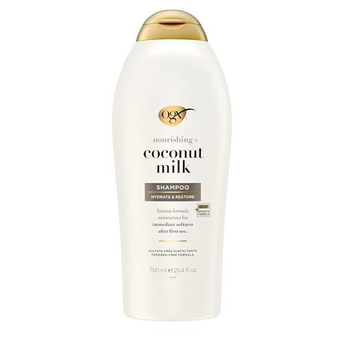 OGX Nourishing + Coconut Milk Shampoo, Hydrating & Restoring Shampoo Moisturizes for Soft Hair After the First Use, Paraben-Free, Sulfate-Free Surfactants, 25.4 fl. oz