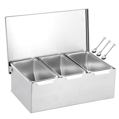 Juego de especias de acero inoxidable con recipientes y tapas, dispensador de condimentos para especias, salsas, mermeladas e ingredientes, 57 x 18,5 x 14,5 cm