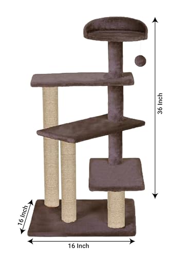 Image of Cat Tree Tower, Multi-Level, Grey, Sisal Scratching Posts, 36 Inch Height, with Perch and Hanging Toy (FURR-40) (Brown)