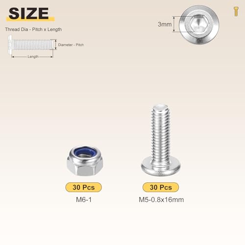 Image of METALLIXITY Crib Screws Replacement Set(M5-0.8x16) 60Pcs, Silver Tone, 304 Stainless Steel Hex Socket Screws with Lock Nuts - for Furniture Woodworking Project, Silver Tone