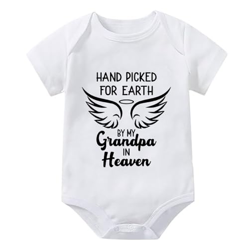 WOOYONGING Hand Picked for Earth By My Grandpa in Heaven Baby Romper Short Sleeve Newborn Outfits White Baby Onsies 12 Month