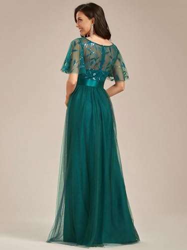 Image of Ever-Pretty Sequin Formal Prom Dresses for Women Ruffle Sleeves Empire Waist A-Line Long Mother of Bride Dress 00904