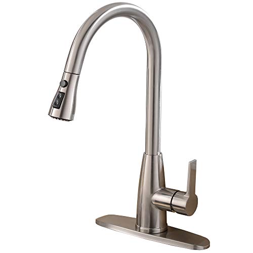 Hotis Single Handle Stainless Steel Prep Sprayer Pull Out Pull Down Sprayer Kitchen Sink Faucet, Brushed Nickel with Deck Plate