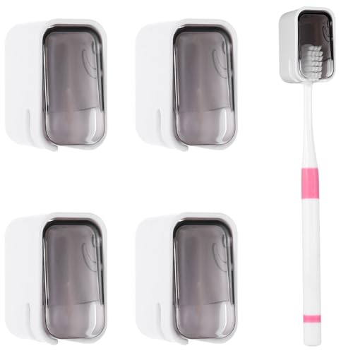 4PCS Electric Toothbrush Holder for Bathrooms, Wall Mounted Electric Toothbrush Holders with Cover, Space-Saving Dust-Proof Tooth Brush Storage Organizer for Bathroom Shower Travel Family(Grey)