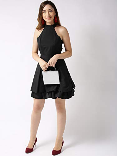 Image of Sera Women's Black Polyester Fit and Flare Pleated Midi Backless Dress