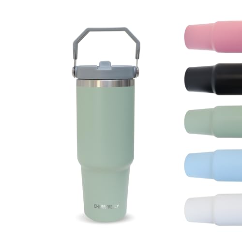 CherryKelly 30oz (850ml) Travel Mug with Handle, Travel Tumbler with Straw Lid, Stainless Steel Vacuum Insulated Coffee Cup, Double Wall Travel Flask Car Mug, Leak Proof Water Bottle - Green
