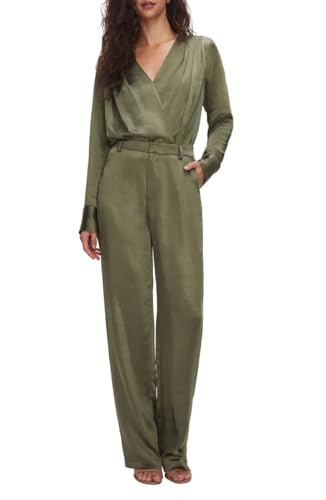 Good American Washed Satin Straight Leg Trousers in Juniper Green Size 10
