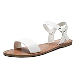 SANDALUP Women's Soft Faux Leather Open Toe and Ankle Strap Buckle Flat Sandals White 08